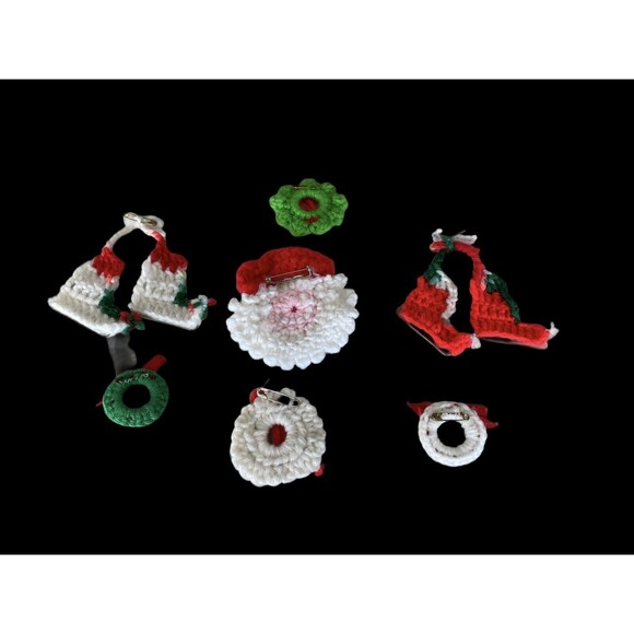 Hand Made Set of 7 Crochet Christmas Pins, Santa Claus Wreats Skates Girl Gifts - Picture 3 of 11